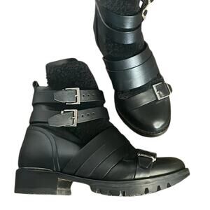 IRO Black Leather Shearling Ankle Boots 6.5 37 Lug Sole Hoonah Utility Strappy